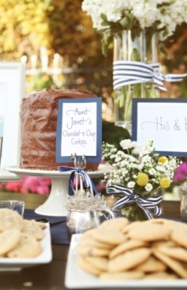 table of desserts with signs reading family members' names