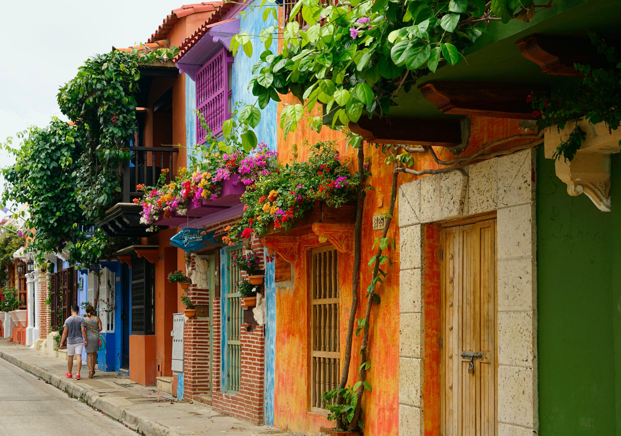 A row of brightly colored houses in Cartagena, Colombia